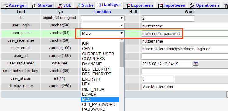 Wordpress Passwort in der Datenbank ändern