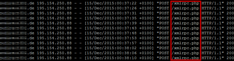 Auszug aus den Server-Logdateien, die Login-Versuche über die xml-rpc.php dokumentieren
